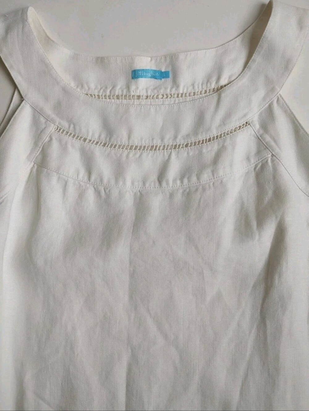 J Mclaughlin 100% Linen Dress Knee Sleeveless Cotton Lined White Mesh Cut Out L